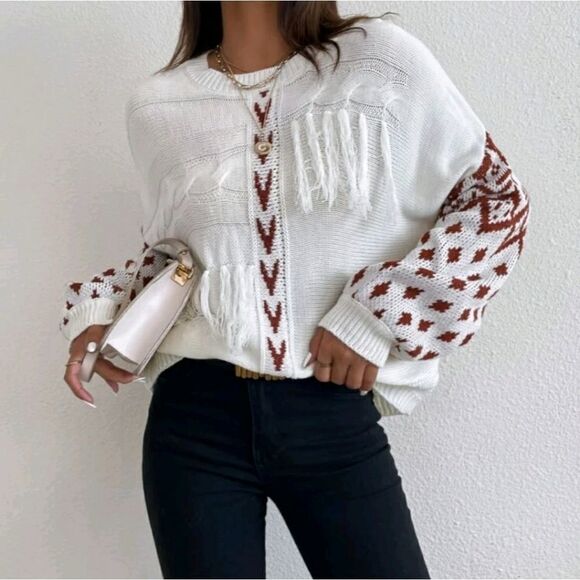 Geo Pattern Tassel Detail Drop Shoulder Sweater - Picture 6 of 8